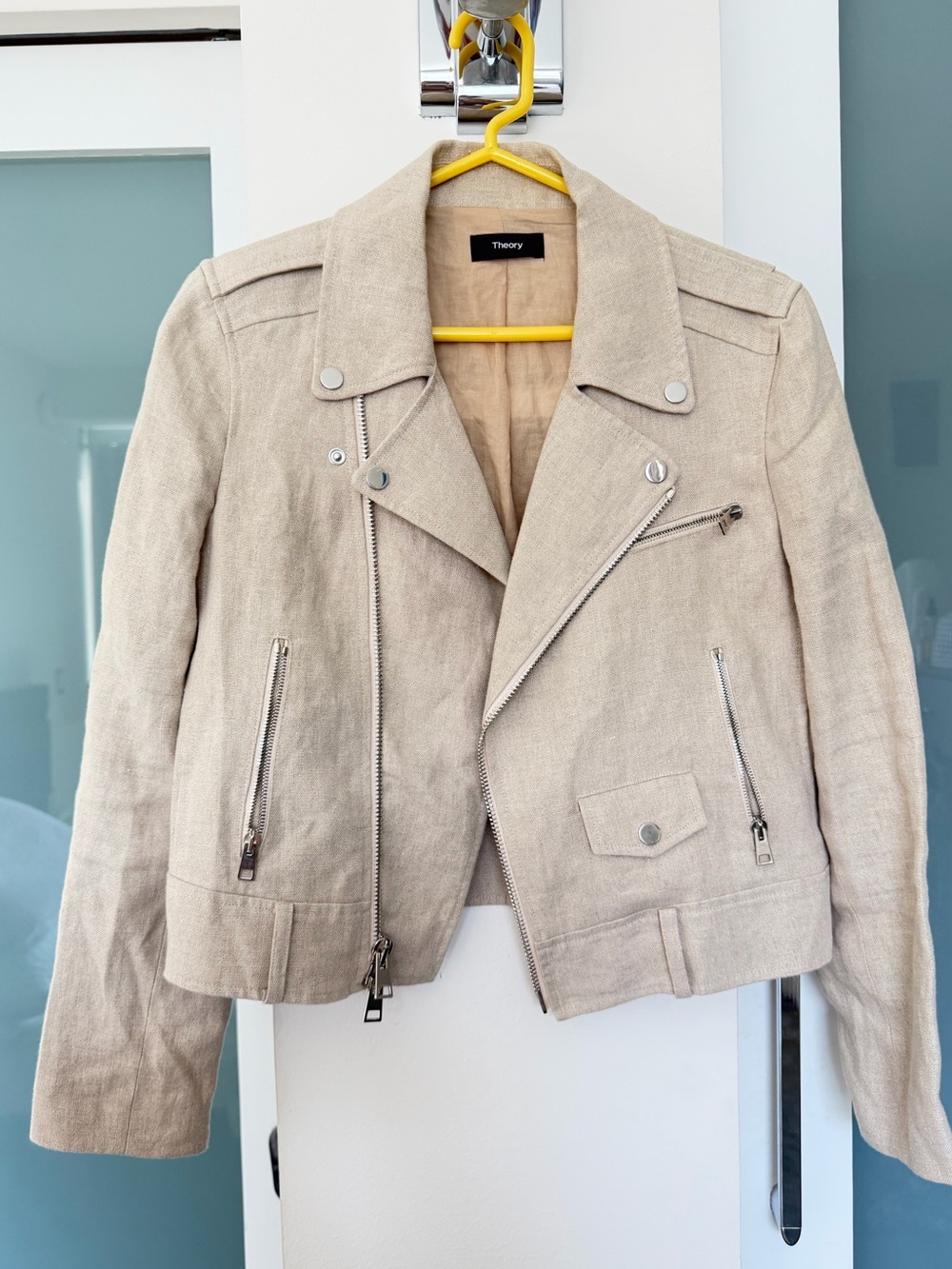 Theory Women's Beige Linen Shrunken Moto style Jacket size M